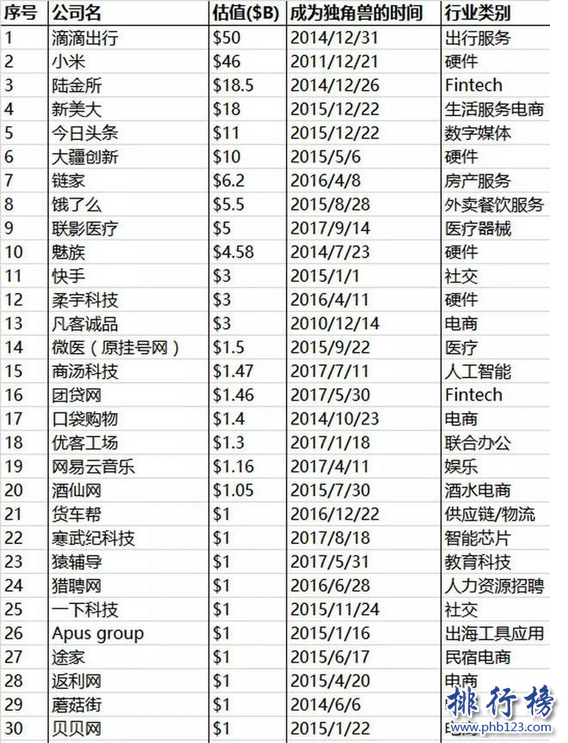中國獨角獸公司排名 中國獨角獸企業估值排行榜