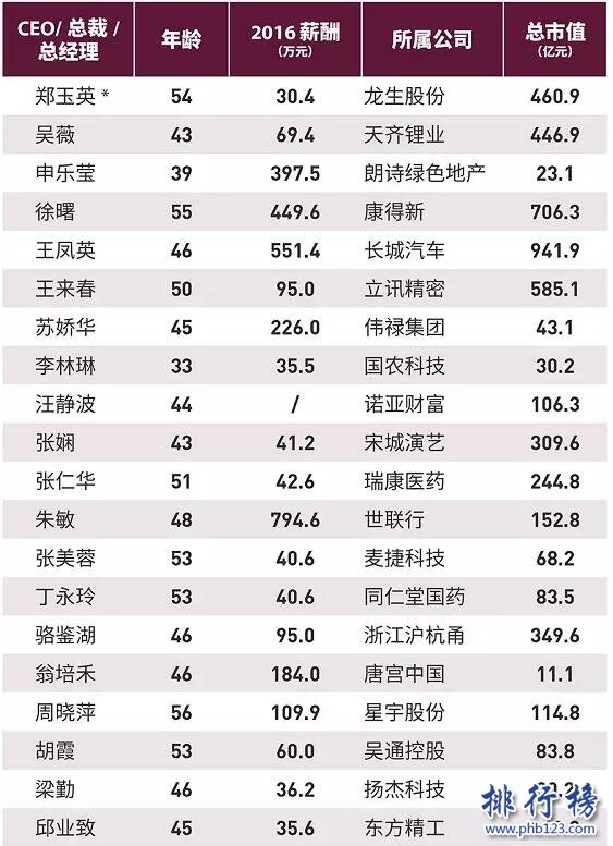 2017年福布斯中國上市公司最佳女性CEO排行榜